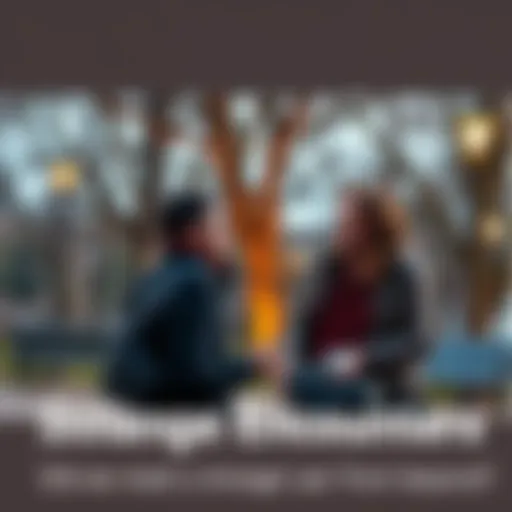 A person chatting with an ordinary stranger in a park, both looking intrigued.