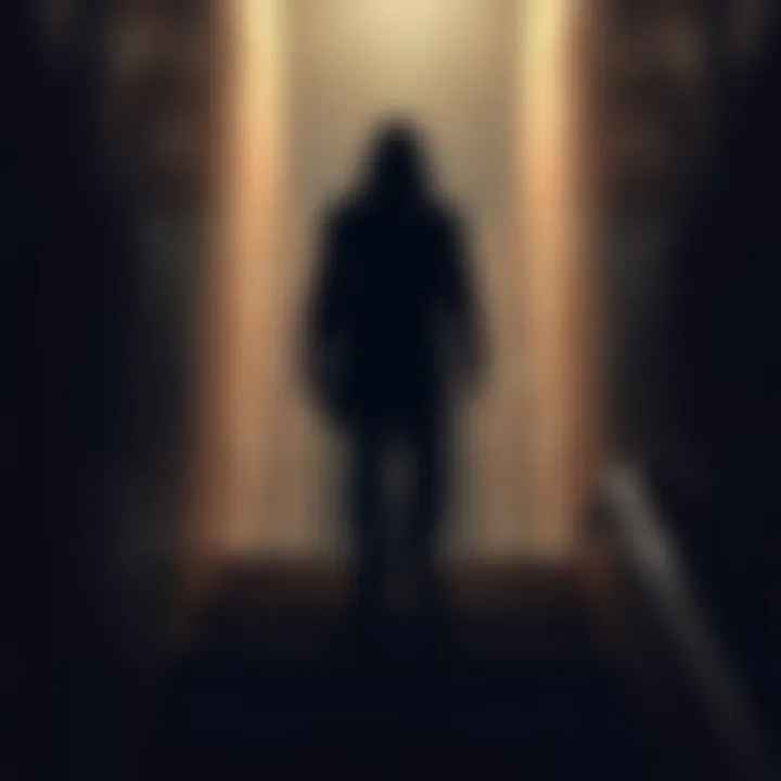 A shadowy, indistinct human-like shape standing on a dimly lit staircase in a rural setting.
