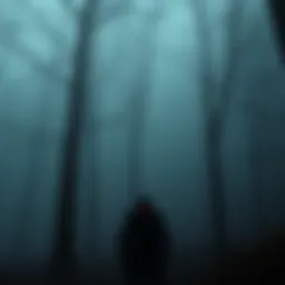 A shadowy figure resembling Baal stands in a misty forest, with glowing eyes and sharp teeth visible.