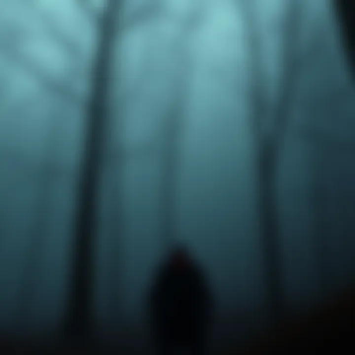 A shadowy figure resembling Baal stands in a misty forest, with glowing eyes and sharp teeth visible.