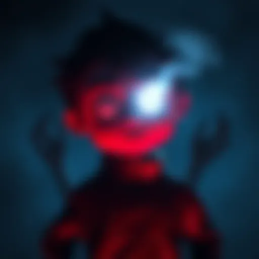 A bright-eyed figure with a cute appearance stands in a shadowy dream setting, emitting white light from one eye, creating a sense of tension.