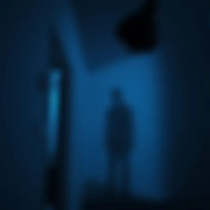 A shadowy figure floating near a wall in a dimly lit room captured by a home security camera