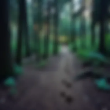 Unusual footprints resembling human prints but without toes discovered on a hiking trail in a forest, showing the surrounding trees and underbrush.