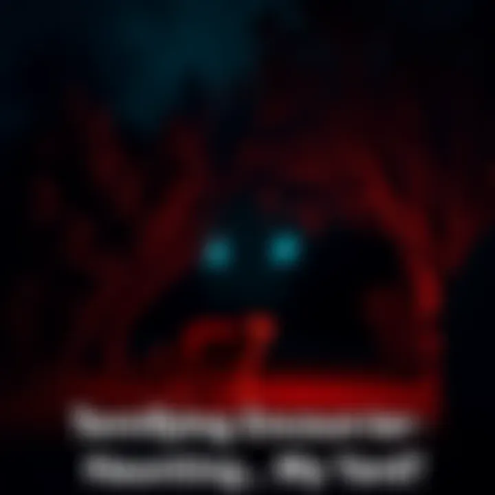 Strange Glow in the Backyard A dark backyard with glowing eyes visible among trees and bushes, creating an eerie atmosphere. A dog stands alert nearby, watching.