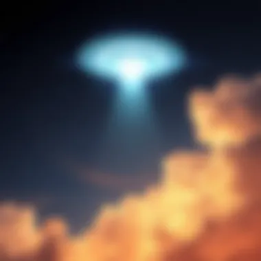 Strange Light in the Sky A bright light in the night sky, resembling a UFO, surrounded by swirling clouds. The image suggests an otherworldly presence.