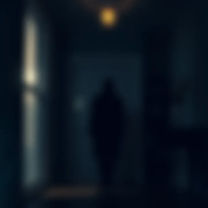 A dark room with a shadowy figure and faint light, indicating unsettling noises and floral scents in a new home