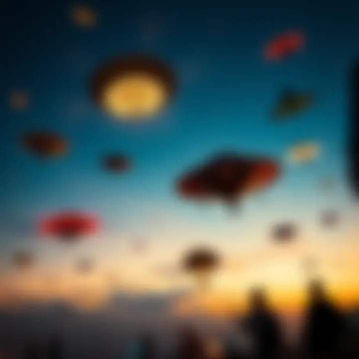 Various unusual flying objects seen against a twilight sky, sparking curiosity and discussions among people below.