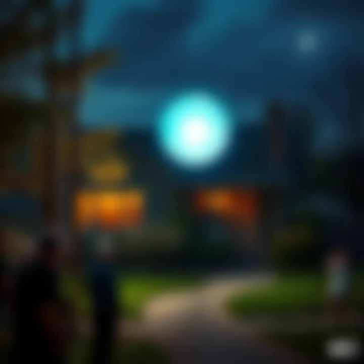 A glowing orb hovering in the yard of a house, surrounded by curious residents looking on.