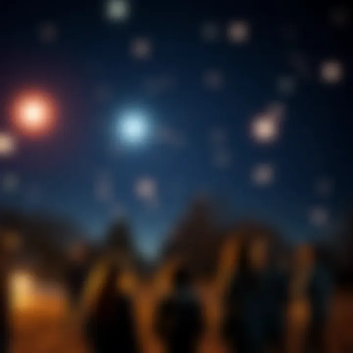 Bright orbs glowing in the night sky over Arkansas with amazed onlookers