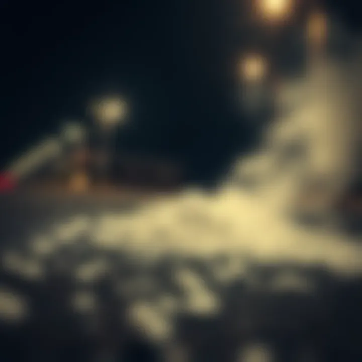 A close-up view of a peculiar powder scattered on the ground at night, illuminated by streetlights.