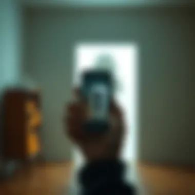 A person holding an iPhone showing a strange light or shape in their room, with clear wall texture behind it.