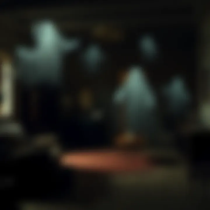 A dimly lit room with shadowy figures and floating items suggesting ghostly activity.