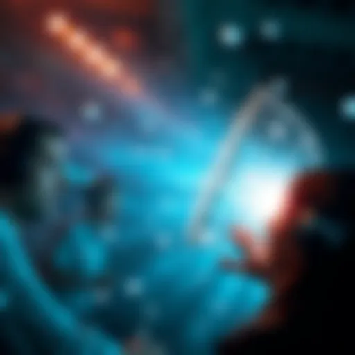 A person looking surprised while hearing sounds from speakers and seeing particles in the air