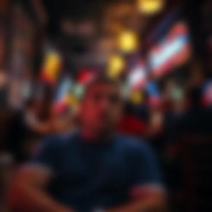 A Cubs fan looking confused in a dimly lit Pittsburgh sports bar with odd patrons and no alcohol in sight.