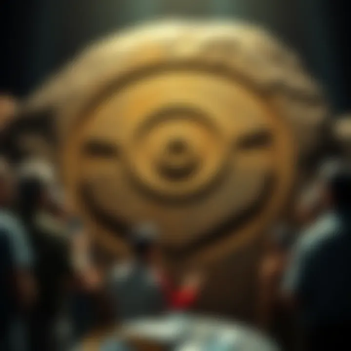 A close-up of a strange symbol engraved on stone, surrounded by curious people discussing its meaning and significance.