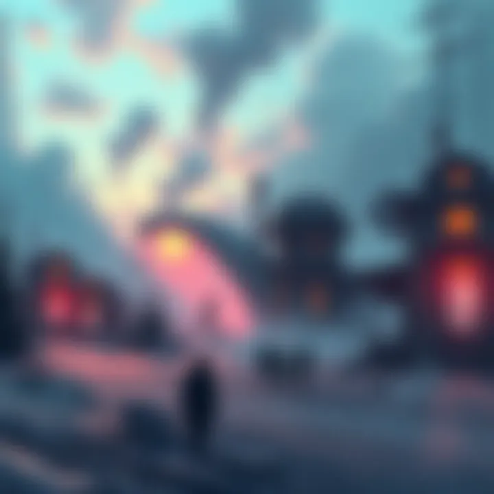 A dreamlike scene with unusual buildings and shadowy figures resembling familiar people exploring a surreal environment.