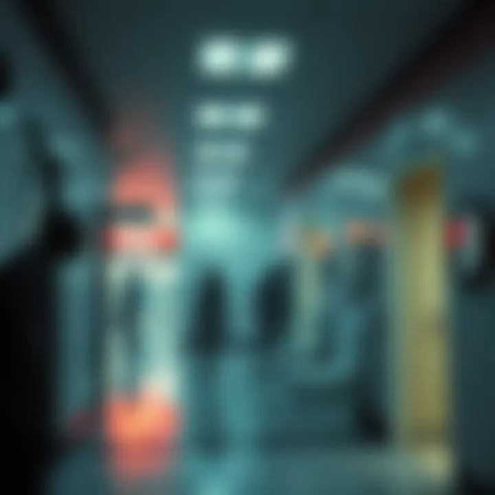 A surreal mall scene with unusual creatures lurking and a dark bathroom nearby, hinting at a nightmare scenario.