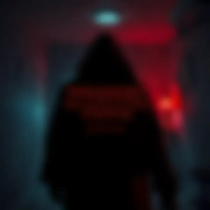 A shadowy figure in a darkened room representing the sinister elements of child abduction and trauma, with hints of 1980s America in the background.