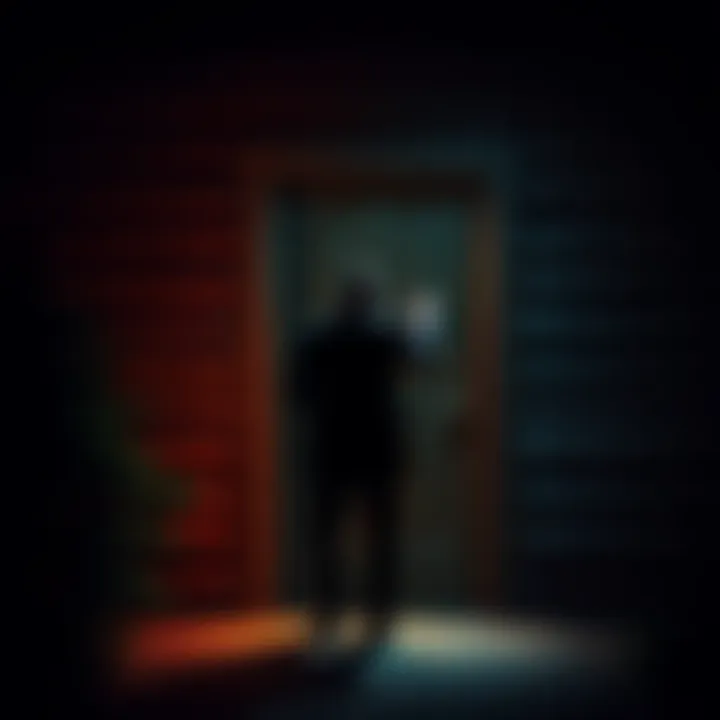 Stranger at Cabin Door A dark silhouette of a man knocking at a cabin door in the woods at night