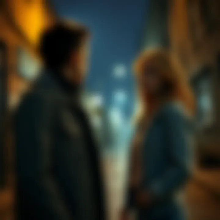A woman stands in shock as a stranger speaks to her about her sister's future, both looking uneasy, with a darkened street in the background.