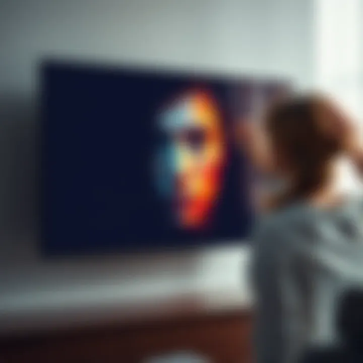 A close-up of a smart TV screen showing a stranger's face while a woman adjusts the backlight settings nearby.