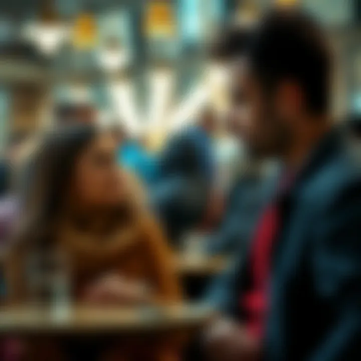 A man and a woman make eye contact in a crowded cafe, both looking intrigued as if recognizing each other from a past connection.