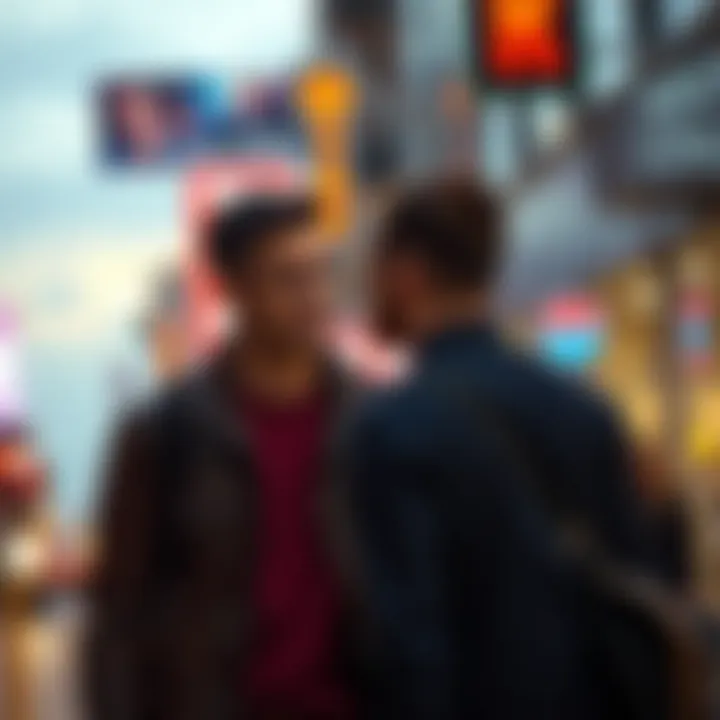 Two people making brief eye contact while walking past each other on a busy street