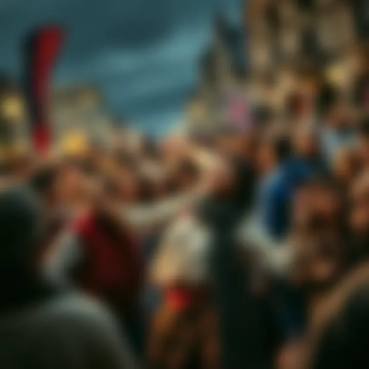 A scene depicting a crowd in Strasbourg, with a woman leading an uncontrollable dance, captivating onlookers around her, expressing joy mixed with chaos.