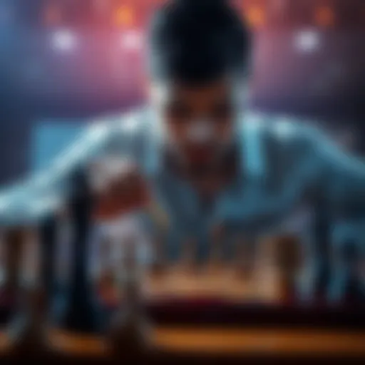 A player analyzing a game board with chess pieces in an intense match, highlighting recent strategic plays.