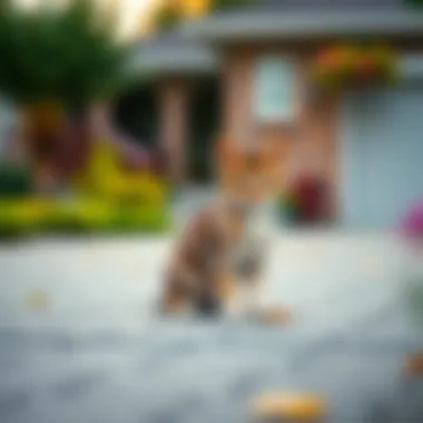 A small stray kitten sitting in a driveway looking curious and playful.