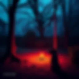 A stray dog sits near a shadowy area in grandma's yard, surrounded by eerie, darkened trees.