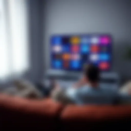 A person sitting on a couch with a remote, looking at a TV showing multiple streaming service logos, symbolizing the transition from cable to streaming.