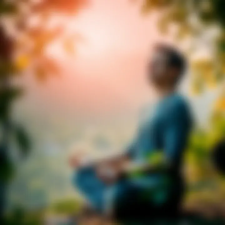 A calm person meditating outdoors surrounded by nature, representing a tension-free lifestyle.