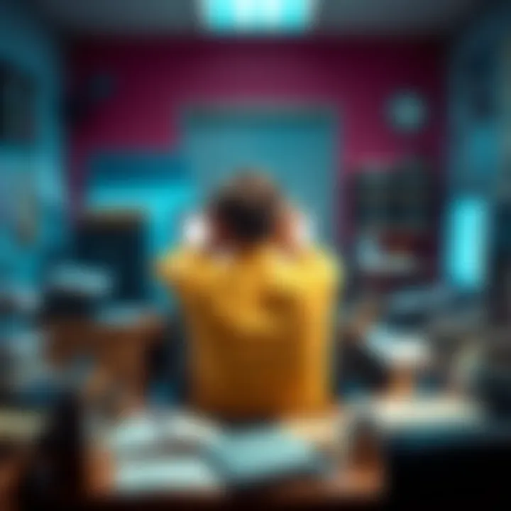 A person sitting at a cluttered desk with their head in their hands, looking overwhelmed due to stress.