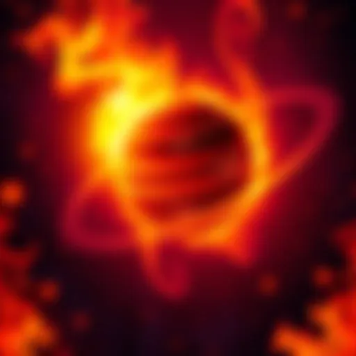 A visual of a planet represented as a glowing ball of light surrounded by flames, symbolizing its strength and combust status in astrology.