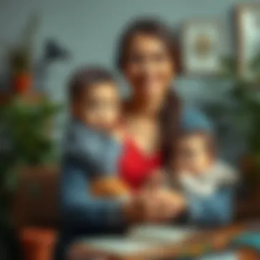 A determined woman with a positive expression, balancing work and caring for a child while surrounded by plants and books, representing resilience among single moms.