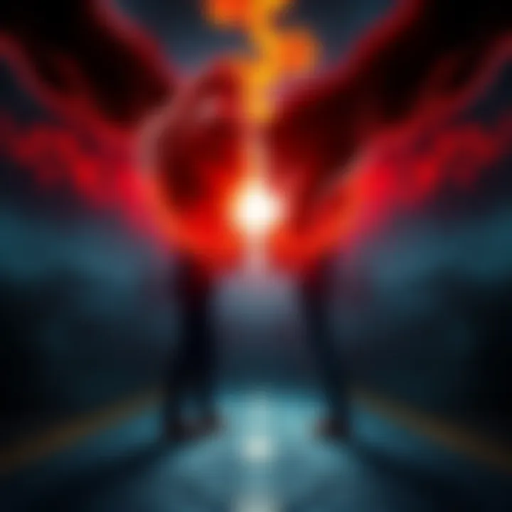 A person standing at a crossroads, torn between a heart and a fist, symbolizing the battle between love and aggression.