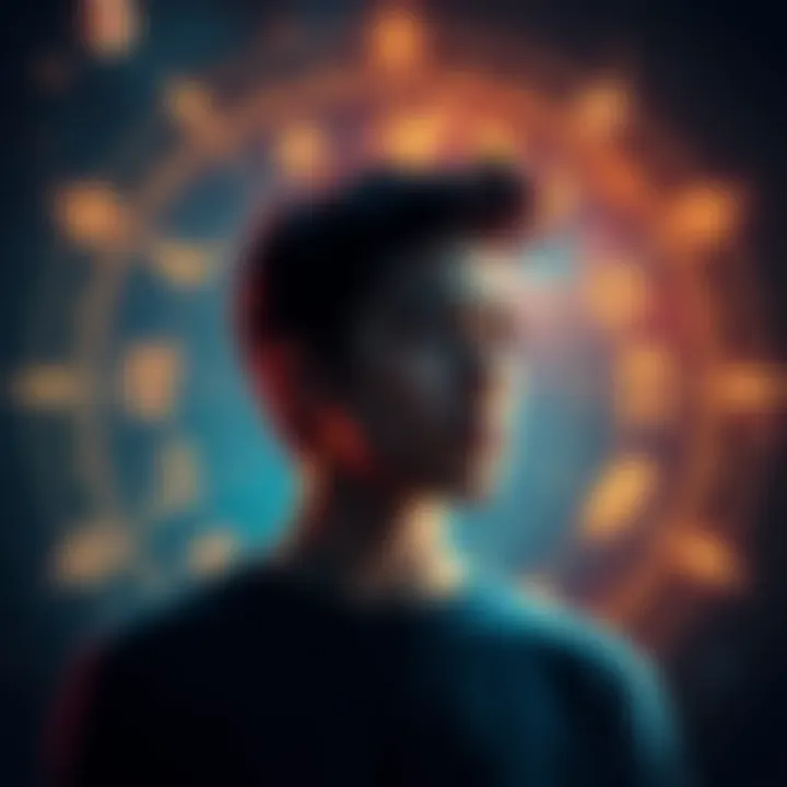 A person looking contemplative while surrounded by astrological symbols, representing the challenges of 12th house placements in astrology.