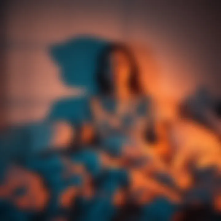 A 21-year-old woman sitting up in bed, looking worried and distressed, with shadows on the wall symbolizing her nightmares