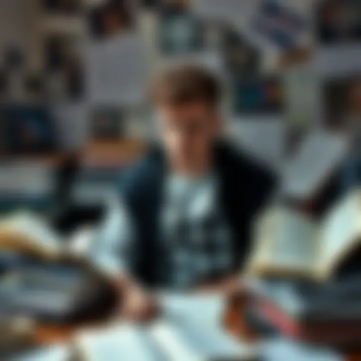 Young person looking frustrated with unfinished projects A 30-year-old person sitting at a cluttered desk, surrounded by open notebooks and incomplete tasks, looking frustrated and deep in thought.
