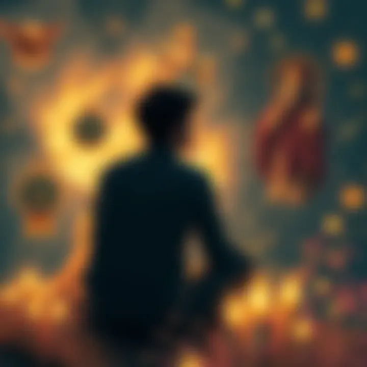 A person sits alone, looking contemplative and weighed down by thoughts, surrounded by symbolic representations of spiritual guides and expectations, reflecting feelings of pressure and isolation.