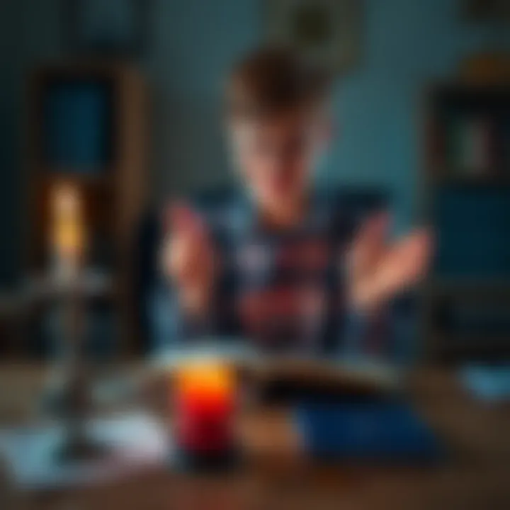 A student confidently chanting spells with a notebook and candles on a desk, creating a calm study atmosphere