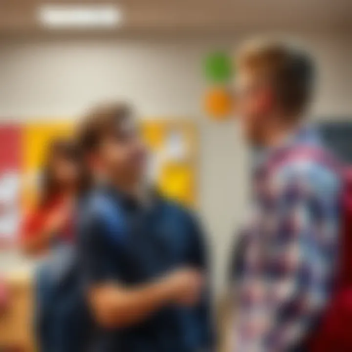 Student receiving a compliment A gay student stands surprised as a classmate gives him a compliment about his appearance, highlighting a moment of unexpected friendship in a school setting.