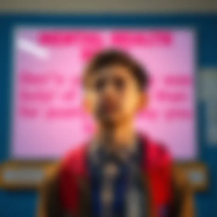 Student Concerned About Mental Health Display A student standing in front of a school wall display, looking concerned about a mental health message that seems exclusive.