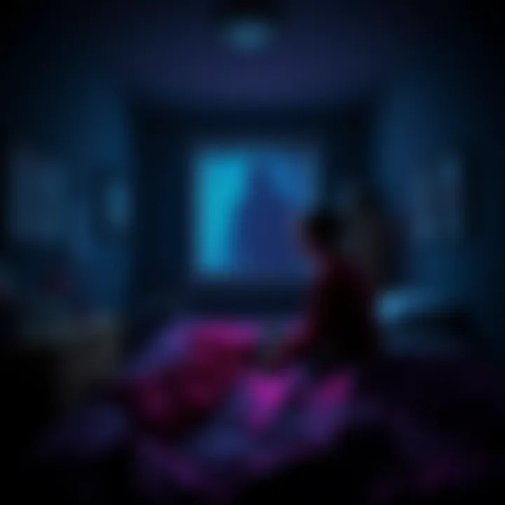 A frightened student sits on their bed in a dim dorm room, looking towards a shadowy figure in the corner that resembles Bloody Mary.