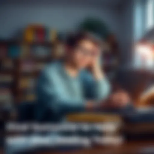 A student sitting at a desk surrounded by books, looking stressed while browsing on a laptop for reading assistance.