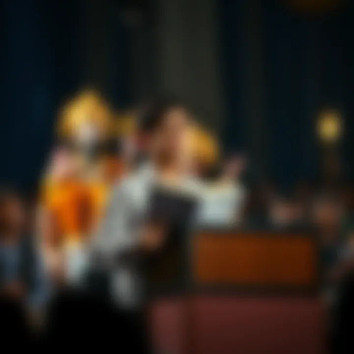 A student stands nervously at a podium, holding a poem, with a crowd in front of them and a supportive deity in the background. Their expression shows a mix of anxiety and determination.