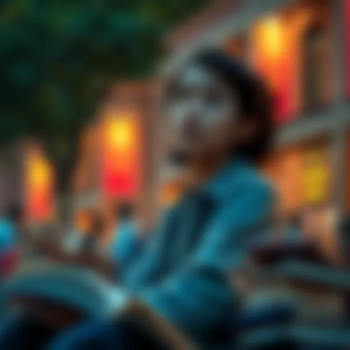 A college freshman sits on campus, deep in thought, surrounded by books about spirituality and dimensions, looking contemplative and open to new ideas.