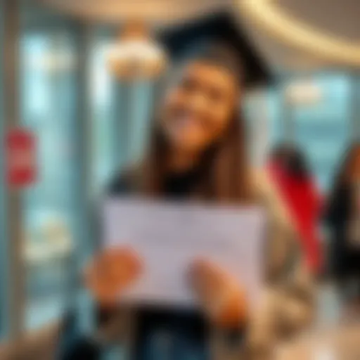 A cheerful student holds a scholarship award letter with a big smile, representing their journey to law school funding.