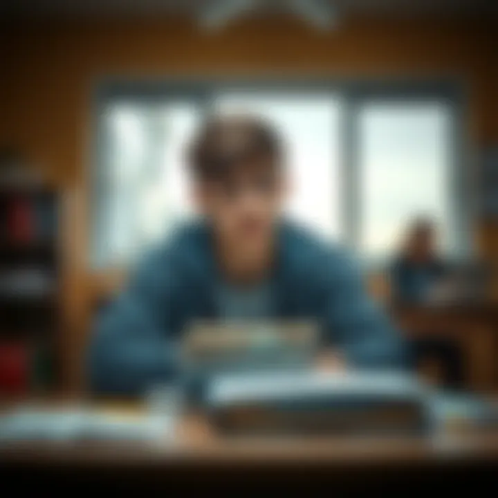 A first-year university student sitting at a desk with textbooks, looking anxious and lost in thought, reflecting their struggles with hormone-related health issues